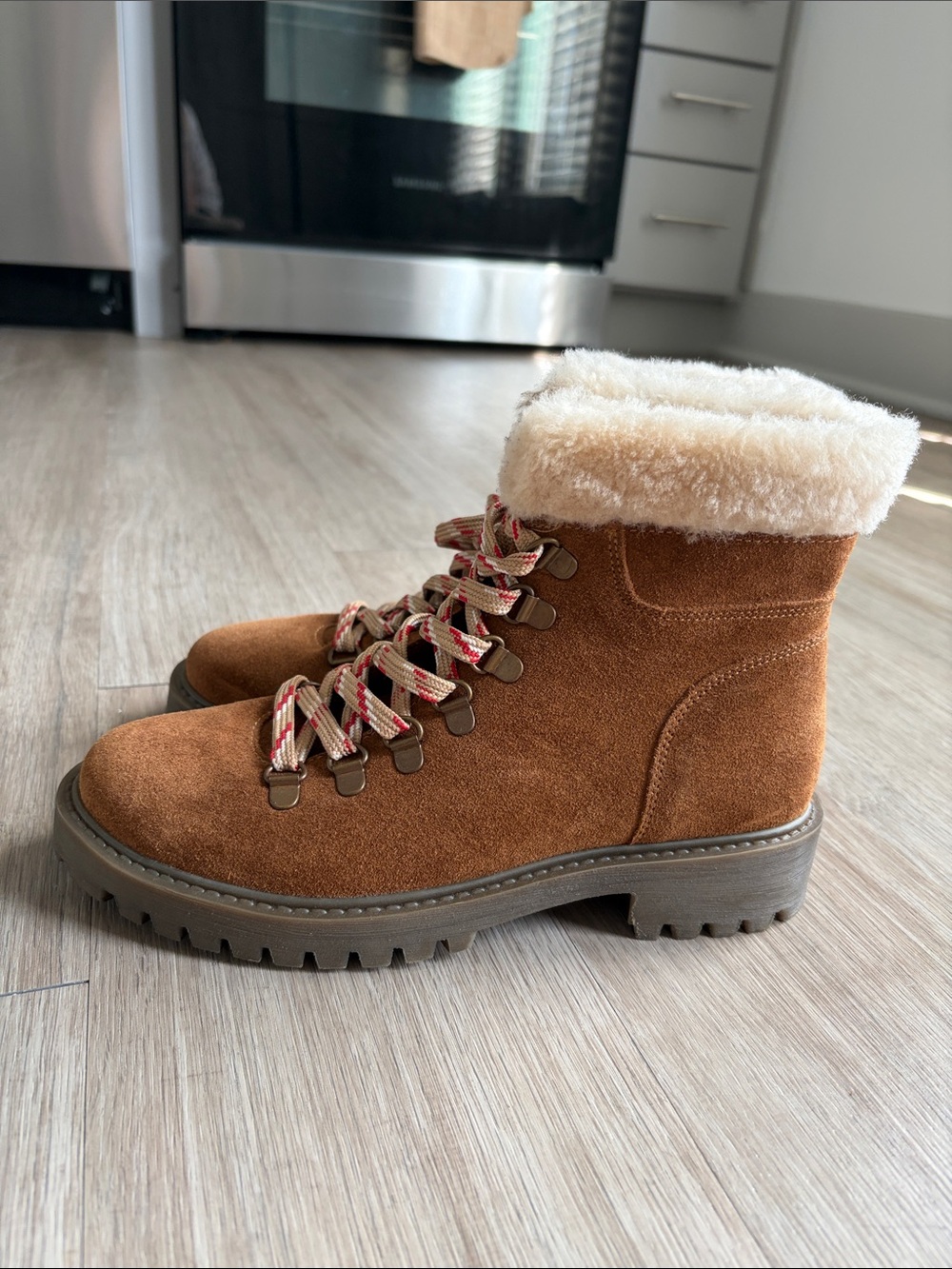 Cleo + Wolf Chestnut Suede Shearling-Trim Hiker Booties